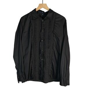 GAP Black Pleated Ruffle Button Up Shirt Women Sz 16 Cotton Whimsy Gothic Dark